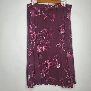 Chicos Womens Burgundy Floral Midi Skirt Size 2.5 US 14 Pleated Career Business